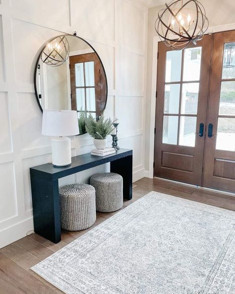 Double Door Entryway with Board and Batten - Soul & Lane Long Hallway Entryway Ideas, Tall Foyer Ideas Entryway, Tall Entryway Ideas High Ceilings, Big Entryway Ideas, Open Foyer Ideas Entryway, Front Foyer Ideas Entryway, Designer Entryway, Shiplap Entryway, Accent Wall Entryway