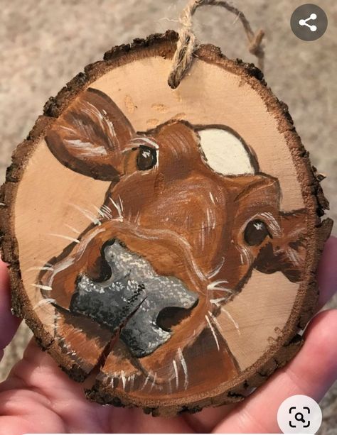 Wood Slice Crafts Christmas, Art On Wood Painting, Rustic Art Painting, Painted Cows, Wood Paintings, Cow Ornaments, Wood Slice Art, Wood Slice Crafts, Wood Painting Art