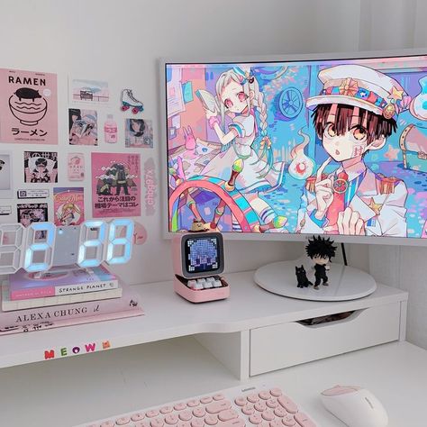 Otaku Desk Setup, Kawaii Aesthetic Gaming Setup, Aesthetic Desk Setup Anime, Cute Desk Setup Bedrooms, Anime Desk Setup Ideas, Desk Setup Kawaii, Manga Desk Setup, Gaming Pc Ideas, Kawaii Setup Gaming