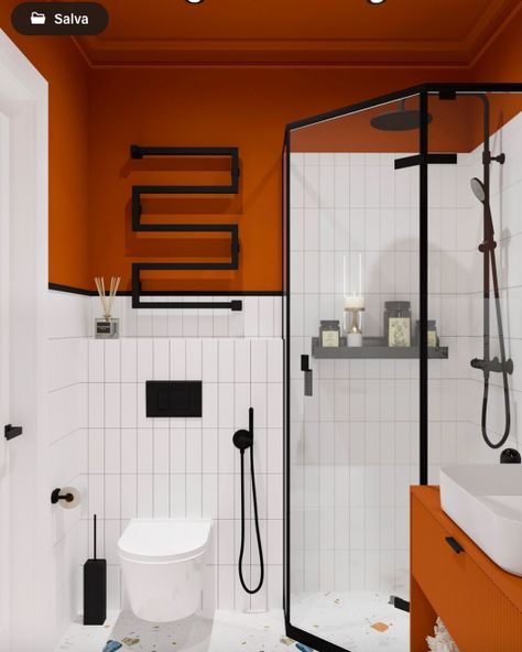 Orange Black Bathroom, Orange And Black Bathroom, Bathroom 2024 Design Trends, Small Mid Century Bathroom, Bauhaus Bathroom, Orange Toilet, Wallpaper Decor Ideas, Wallpaper Design Ideas, Best Bathroom Paint Colors