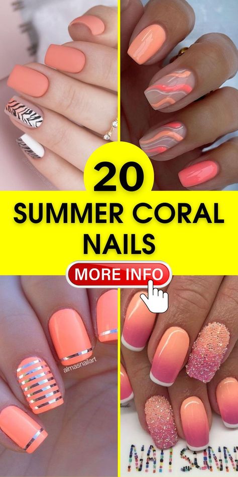 Get ready for summer coral nails, a 2024 must-have. These nails blend design innovation with colors like orange, pink, and blue. Whether you prefer acrylic or gel, the art designs are versatile, fitting both short and long nails with elegance. Bright Coral Nails Design, Summer Coral Nails, Bright Coral Nails, Coral Gel Nails, Neon Coral Nails, Coral Nails With Design, Summer Holiday Nails, Nails Art Ideas, Coral Nails