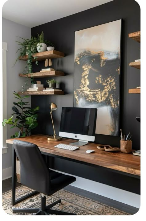 Black Interior Design Office, Black And Gold Office Interior Design, Desk Dual Monitor Office Ideas, Office With Grey Floors, Dark Maximalism Office, Black Wall Home Office, Study Game Room, Home Office Light Fixture Ideas, Modern Farmhouse Office Space