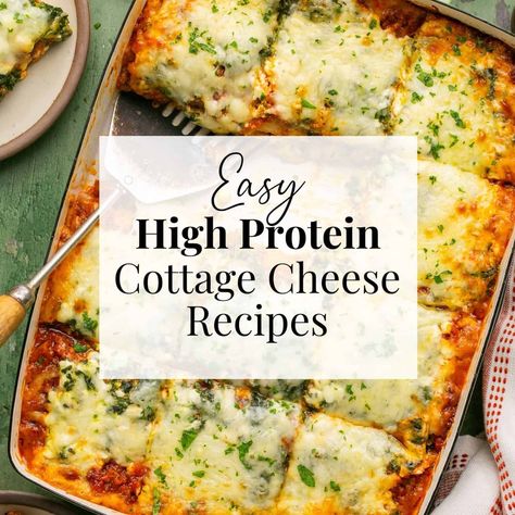 Easy high protein cottage cheese recipes photo label with lasagna in the background. Lasagna Cottage Cheese Recipe, Macro Lasagna, Cottage Cheese Dinner Ideas, High Protein Meals With Cottage Cheese, Lasagna Cottage Cheese, Protein Lasagna Recipe, Freezer Meals Healthy, High Protein Lasagna, Lasagna Recipe With Cottage Cheese