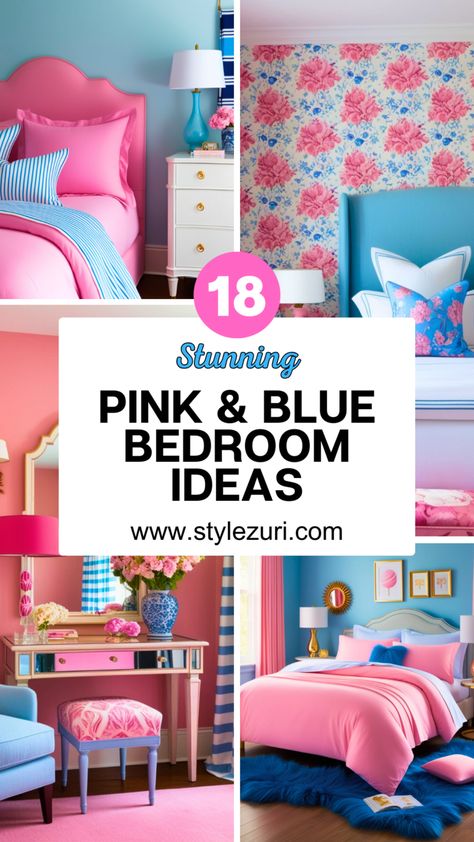 18 Gorgeous Pink and Blue Bedroom Ideas to Inspire Your Dream Space - Style Zuri Pink Paint Bedroom, Pink And Blue Room Aesthetic, Pink And Turquoise Bedroom, Blue And Pink Room, Hot Pink Bedroom Decor, Pink And Blue Room, Pink And Blue Bedroom Ideas, Blue Room Aesthetic, Teal And Pink Bedroom