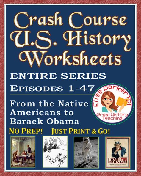 @greathistory posted to Instagram: Tap the link in my bio for more info  -> @greathistoryteaching GREAT FOR DISTANCE LEARNING: Crash Course U.S. History Worksheets for the Entire Series, all 47 episodes! One worksheet per episode; every question comes with a time stamp option for teacher convenience. Uses a variety of question types to cue student engagement: fill-ins, true/false, and free response! Complete answer keys included. Enough material for a whole year of U.S. history, all for one l History Worksheets, Classroom Strategies, True False, Teaching History, Us History, Crash Course, Student Engagement, Teaching Materials, World History