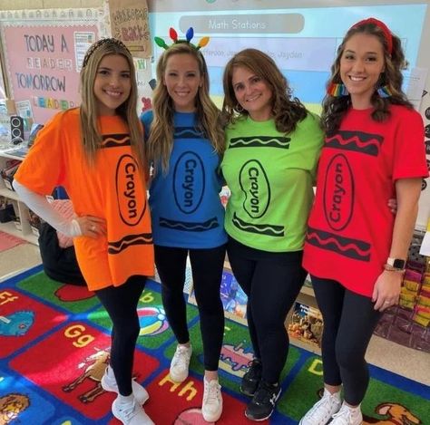 Crayon Teacher Costume, Crayon Outfit, Crayola Costume, K4 Crafts, Teacher Halloween Costumes Group, Work Appropriate Halloween Costumes, Crayon Costume, Teacher Costume, Diy Group Halloween Costumes