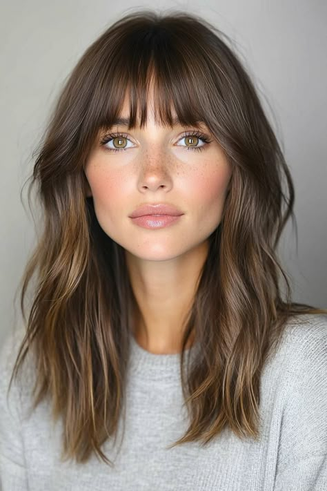 26 Low Maintenance Brunette Balayage Ideas Medium Length With Long Bangs, Hair Styles Bangs Long Hair, Balayage Brunettes Straight Hair, Brown Medium Hair With Bangs, Soft Medium Brown Hair, Face Frame Brown Hair, Medium Length Haircut Low Maintenance Straight, Balayage Fringe Bangs, Brown Hair Styles Medium Length