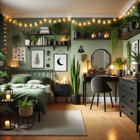 Dark Green And Gold Bedroom Ideas, Dark Plant Room Aesthetic, Dark Grey And Green Bedroom, Dark Wood Room Aesthetic, Dark Forest Green Aesthetic, Plant Bedroom Ideas, Forest Bedroom Aesthetic, Dresser Decor Bedroom, Sage Green Bedroom