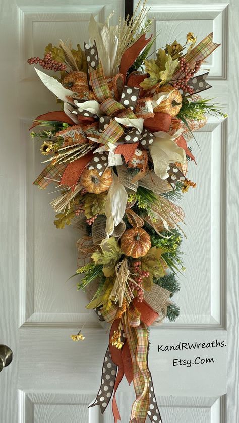 Thanksgiving Door Swag. Fall Door Swag. Autumn Door Swag.1254FDS24 by KandRWreaths on Etsy Fall Swags For Front Door, Fall Door Swag, Yellow Wild Flowers, Fall Berries, Door Swags, Lobby Decor, Fall Swags, Door Swag, Fall Deco