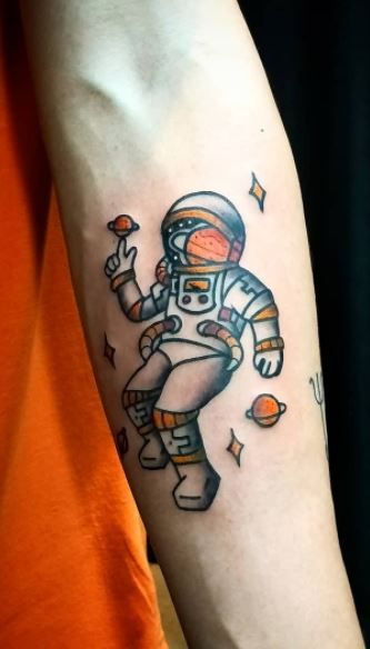 American Traditional Astronaut, Old School Astronaut Tattoo, American Traditional Astronaut Tattoo, Astronaut Traditional Tattoo, Traditional Astronaut Tattoo, Traditional Space Tattoo, Spaceman Tattoo, Astronaut Tattoos, Cool Space Tattoos