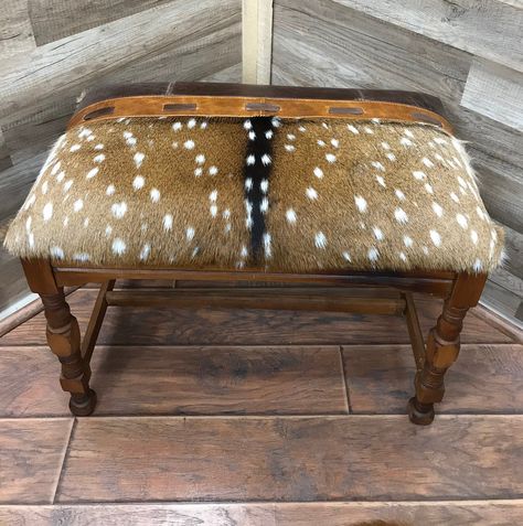 Axis Deer Hide, Bench Living Room, Axis Deer, Bench Bedroom, Whimsical Painted Furniture, Farmhouse Bench, Deer Hide, Large Ottoman, Leather Bench