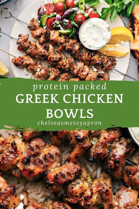 Greek Chicken Bowls are downright delicious AND super easy to make — the chicken bakes in just 12 minutes! Serve it with a simple salad, easy Tzatziki sauce, and warm pita bread. These bowls are great for weekly meal prep. #dinner #mealprep #quick #easy #simple #greekchicken #bowls Greek Bowls Chicken, Easy Tzatziki Sauce, Greek Chicken Pita, Easy Tzatziki, Chicken Bakes, Greek Chicken Bowls, Meal Prep Dinner, Greek Turkey Meatballs, One Pot Spaghetti