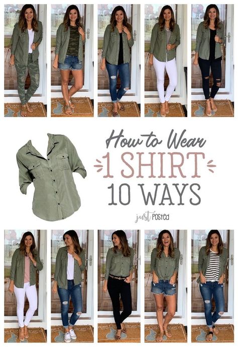 How to Wear One Green Shirt Ten Ways #justpostedblog #ShopStyle #shopthelook #MyShopStyle #OOTD #LooksChallenge #ContributingEditor #Lifestyle Green Shirt Outfits, Fashion Capsule Wardrobe, Fashion Capsule, Looks Black, Minimalist Wardrobe, Dresses Summer, Style Mistakes, Green Shirt, Mode Inspiration