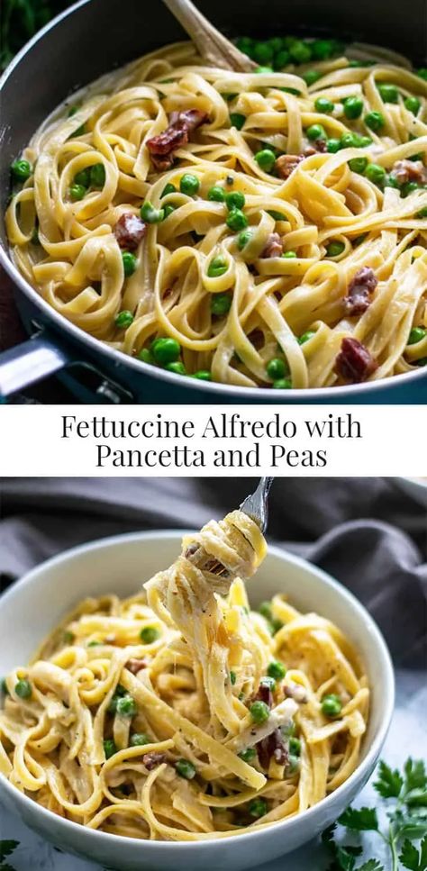 This creamy pasta with pancetta and peas comes together in 30 minutes! #PastaRecipes #PastaRecipesEasy #PastaDishes #DinnerRecipesEasy #DinnerRecipes Pasta With Pancetta And Peas, Pancetta And Peas, Pasta With Pancetta, Pancetta Pasta, Creamy Pasta Recipes, Comfort Food Recipes Dinners, Fettuccine Alfredo, Creamy Pasta, Quick Dinner Recipes