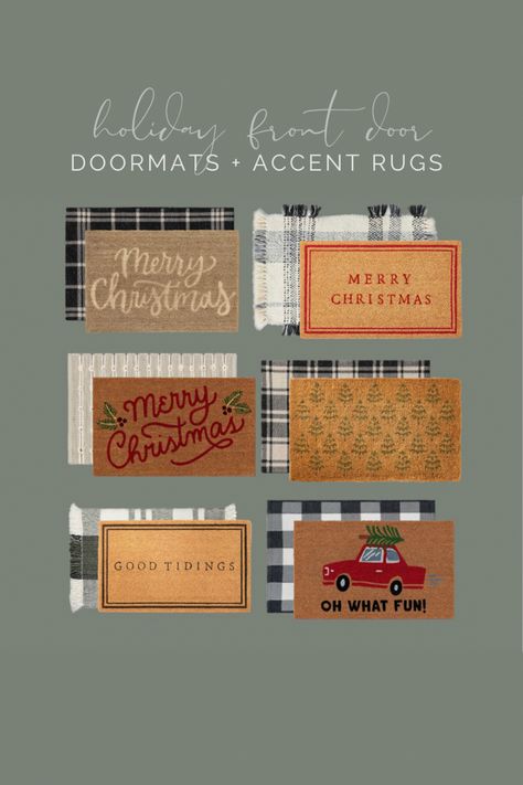 doormat Plaid Rug Under Doormat, Christmas Front Porch Rugs, Christmas Front Door Mat, Christmas Front Door Mat Ideas, Layered Rugs Front Door, Plaid Door Mat, Christmas Doormats, Green Front Doors, Target Christmas