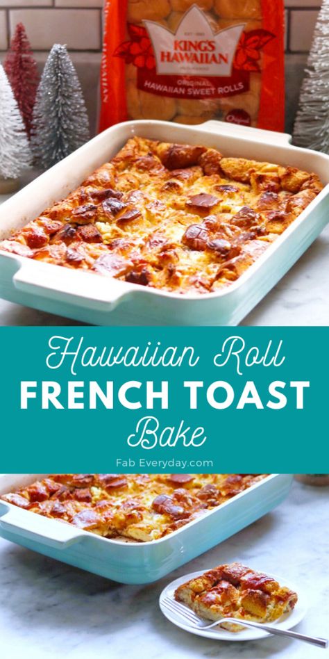 Guest-pleasing recipe for holiday mornings: King’s Hawaiian Rolls French Toast Bake! The Hawaiian bread French toast casserole I’m sharing today is a super easy breakfast bake that’s great to serve on busy holiday mornings when you have hungry guests. King’s Hawaiian rolls gives this sweet Hawaiian roll French toast a little something special. Click or visit FabEveryday.com for the full King's Hawaiian French toast bake recipe. Hawaiian French Toast Bake, Hawaiian Rolls French Toast, Hawaiian French Toast, Hawaiian Roll French Toast, Recipes With Hawaiian Rolls, Hawaiian Breakfast, Super Easy Breakfast, French Toast Bites, King Hawaiian Rolls