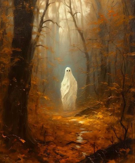 Ghost In Woods Painting, Ghost In Forest Painting, Sheet Ghost Painting, Vintage Ghost Painting, Thrift Store Ghost Painting, Thrifted Ghost Painting, Painting Ideas Ghost, Ghost Art Drawing, Ghost Landscape