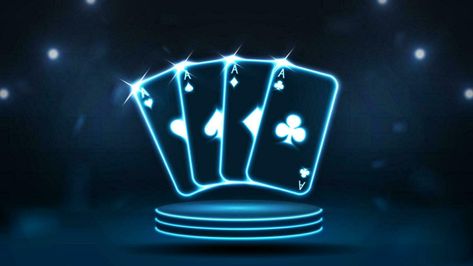 Neon bright poker cards on the podium. The concept for Casino on a dark blue background. Blue Casino Aesthetic, High Card, Card Ui, Gambling Games, Poker Face, Dark Blue Background, Poker Cards, Wallpaper Pc, Blue Aesthetic