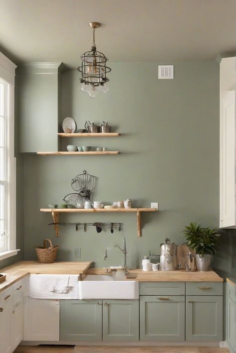 Polished pine wall paint, Best kitchen paint, Kitchen makeover, Interior home design Green Painted Walls Kitchen, Soft Green Kitchen Walls, Green Walls In Kitchen, Light Green Kitchen Walls, Kitchen Wall Color Ideas, Light Green Kitchen, Green Kitchen Walls, Light Oak Floors, Green Painted Walls