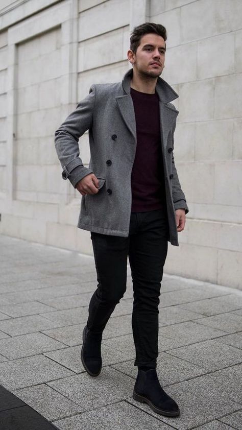 I dress myself, not to impress, but for comfort and for style  #Angeljackets #mensfashion #cyberweek #cyberweeksale #cyberweekdiscount #trendylook #casual #woolblend #angeljackets Grey Peacoat Outfit Men, Gray Peacoat Outfit, Men Peacoat Outfit, Peacoat Outfit Men, Peacoat Outfits, Men Peacoat, Peacoat Outfit, Chelsea Boots Men Outfit, Chelsea Boots Outfit