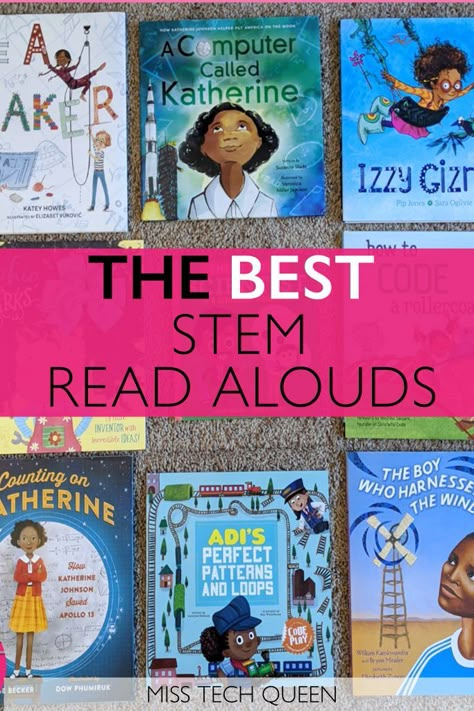 THE BEST STEM READ ALOUDS Stem Read Alouds, Simple Stem Challenges, Makerspace Elementary, Steam Classroom, Stem Books For Kids, Elementary Stem Activities, Stem Classes, Stem Books, Steam Ideas