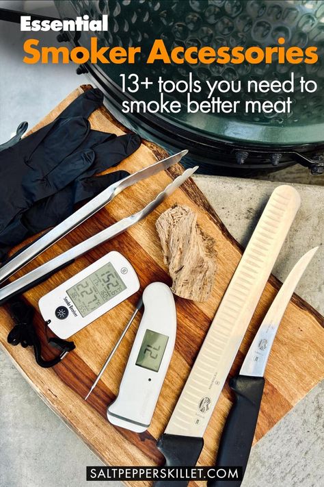 Elevate your smoking game with these 16 essential meat smoking accessories. From thermometers to knives to wood, we've compiled the list of the top smoker accessories that will take your meat to the next level. Healthy Smoker Recipes, Smoker Accessories, Easy Smoker Recipes, Bbq Guys, Barrel Smoker, Traeger Smoker, Smoked Pork Ribs, Lump Charcoal, Smoked Salmon Recipes