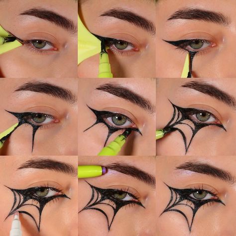 HOW TO: SPIDERWEB LINER (for anyone❤️) I used @halfmagicbeauty’s new Flik Eraser to show how easy it can be do to even the most graphic liner looks! *Not sponsored but I do work directly for the brand - Products used (*=gifted) - @halfmagicbeauty *Magic Flik liner, *Wing magician stencil, *Flik Eraser, *Eyelectric Mascara, *’Pretty Puddle’ Glitterpill, *Self adhesive face pearls, *’The Dreamies’ sparklestik @tartecosmetics shape tape concealer @maccosmetics studio fix powder • • • #halloweenm... Spiderweb Liner, Halloween Graphic Liner, Easy Graphic Liner, Spiderweb Makeup, Face Pearls, Graphic Liner Looks, Graphic Liners, Web Makeup, Liner Looks