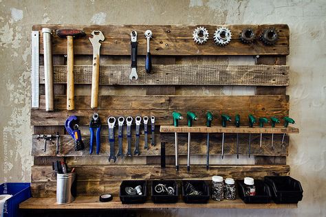 Rack of Bicycle Tools by Julien L. Balmer Bicycle Garage, Bike Storage Garage, Gear Room, Tool Wall, Workshop Shed, Bicycle Tools, Garage Bike, Bike Room, Tool Storage Diy