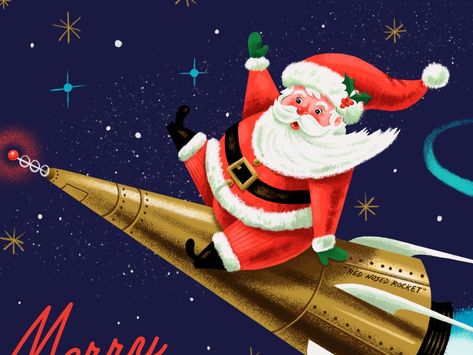 Space Christmas Illustration, Space Christmas, Santa Christmas Cards, Rocket Design, Saint Nick, Vintage Christmas Images, Santa Claus Is Coming To Town, Century Decor, Old Christmas