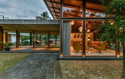 The Courtyard, featuring a superb sculpture of Surya - Contemporary - Delhi - by K2India | Houzz Kerala Architecture, Kerala House, Kerala House Design, Kerala Houses, Exposed Concrete, Tropical House, Modern Tropical, Tropical Design, Tropical Houses