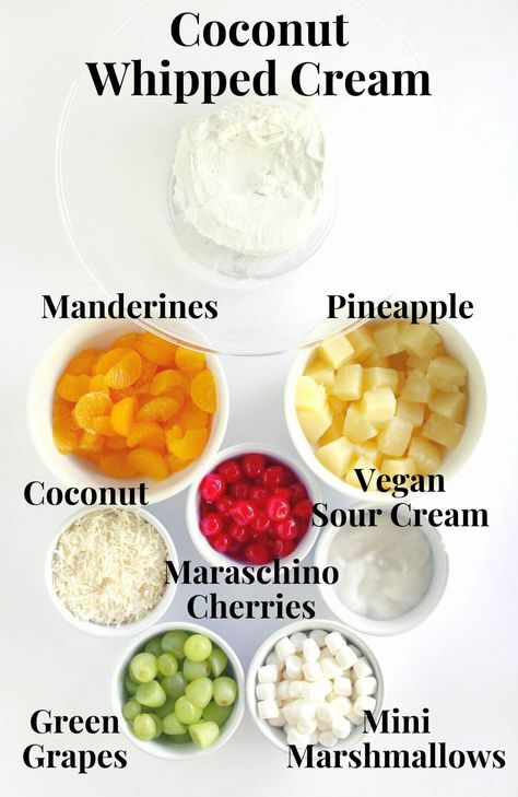 Vegan Ambrosia Salad (Gluten-Free, Dairy-Free) | Strength and Sunshine | This easy Vegan Ambrosia Salad recipe is a sweet and creamy Southern classic! This vintage fruit salad is a retro dessert that's made gluten-free and allergy-free using dairy-free coconut whipped cream, sour cream, canned pineapple, mandarins, cherries, coconut, and mini marshmallows! Quick and simple to customize or keep it like grandma's nostalgic 5 cup salad recipe! Vegan Ambrosia Fruit Salad, Dairy Free Ambrosia Salad, Vegan Ambrosia Salad, 5 Cup Salad Recipe, 5 Cup Salad, Ambrosia Salad Recipe, Marshmallow Salad, Ambrosia Recipe, Ambrosia Fruit Salad