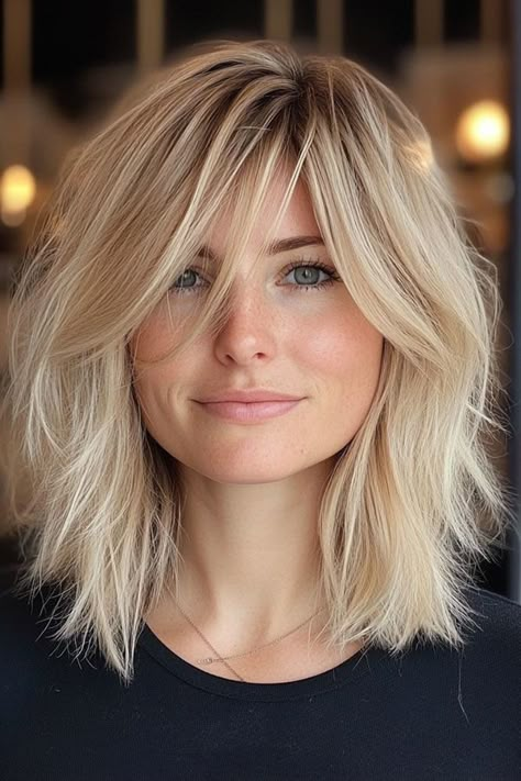 23. Textured Bob with Airy Layers This hairstyle is a perfect blend of chic and effortless style, featuring a textured blonde bob with soft, airy layers. The sandy blonde shade adds warmth and brightness to the overall look, giving it a sun-kissed glow. Blonde Layered Hair With Fringe, Shoulder Length Bob With Side Swept Bangs, Blonde Textured Long Bob, Textured Bob Blonde, Sandy Blonde Bob Hair, Blonde Bob With Side Fringe, Sandy Blonde Highlights, Bob Curtain Bangs, Tousled Layers