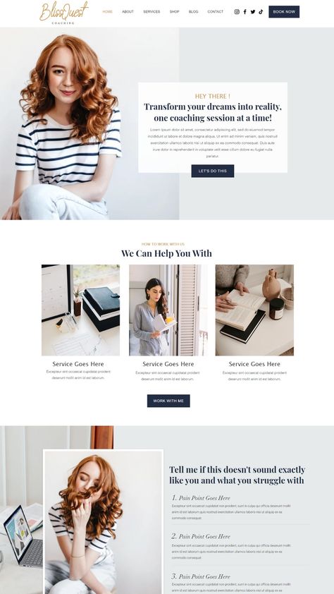 You can check the LIVE DEMO:
https://advertfox.wixsite.com/blissquest

Save time and create amazing Website with Drag and Drops ! And the best part? You don’t need a Web designer. I just made it EASY for you!

⭐️ PAGES INCLUDED⭐️
.................................................
• Home
• About
• Services
• Shop
• Blog
• Contact
• Online Booking Web Design Jobs, Wix Design, Website Layouts, Coaching Website, Best Landing Page Design, Website Design Inspiration Layout, Website Home Page, Coach Website, Webdesign Inspiration