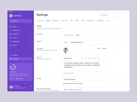 Profile settings page — Untitled UI by Jordan Hughes on Dribbble Form Design Web, Dashboard Design Template, Shop Banner Design, Ui Website, Portal Design, Profile Settings, Ui Design Dashboard, Web Dashboard, Ui Design Website