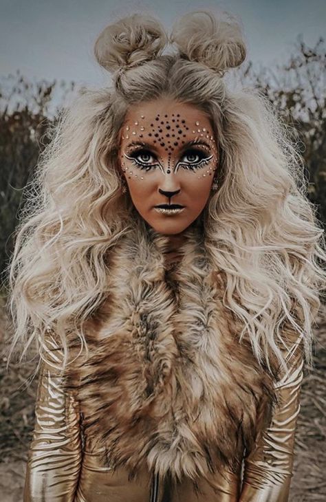 Lion Fancy Dress Women, Halloween Lion Makeup, Mardi Gras Ball Makeup, Mascarade Costume Halloween Masquerade, Snow Leopard Costume Women, Women Lion Costume, Diy Leopard Costume Women, Dog Makeup Women, Ram Makeup