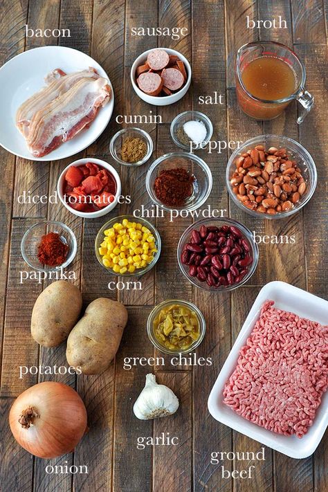 This easy Cowboy Stew recipe is made with bacon, ground beef, & sausage for a hearty dinner. It's the perfect stew to warm you all winter! Cowboy Stew Recipe Ground Beef, Texas Cowboy Stew Recipe, Cowboy Stew Recipe, Texas Cowboy Stew, Hunters Stew, Cowboy Stew, Applewood Bacon, Texas Cowboy, Food Soup