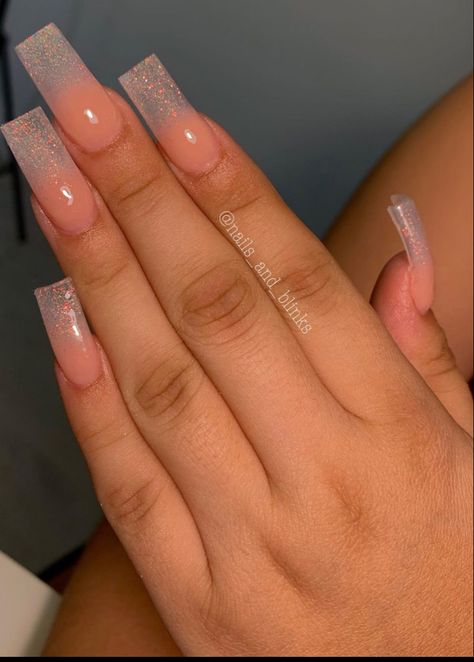 Baddies Nails, Peach Acrylic Nails, Clear Glitter Nails, Glitter Gel Nail Designs, Peach Nails, Long Acrylic Nail Designs, Drip Nails, Colored Acrylic Nails, French Acrylic Nails