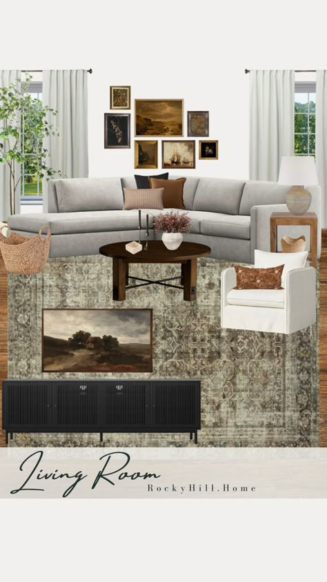 Grey Couch With Black Tv Stand, Grey Couch Tv Stand, White Couch Dark Rug Living Room, Light Grey Couch Styling Modern, Tv Stand Inspiration Living Rooms, Rugs With Light Grey Couch, Light Grey Color Palette Living Room, Light Gray Sectional Living Room, Black Tv Stand Living Room