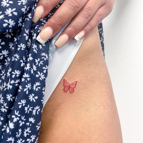 Fine Line Red Butterfly Tattoo, Red Line Butterfly Tattoo, Tiny Red Butterfly Tattoo, Red Butterfly Tattoo Thigh, Minimalistic Red Tattoo, Red Black Butterfly Tattoo, Tiny Red Ink Tattoo, Red Buterfluffy Tattoo, Simple Red Tattoos For Women