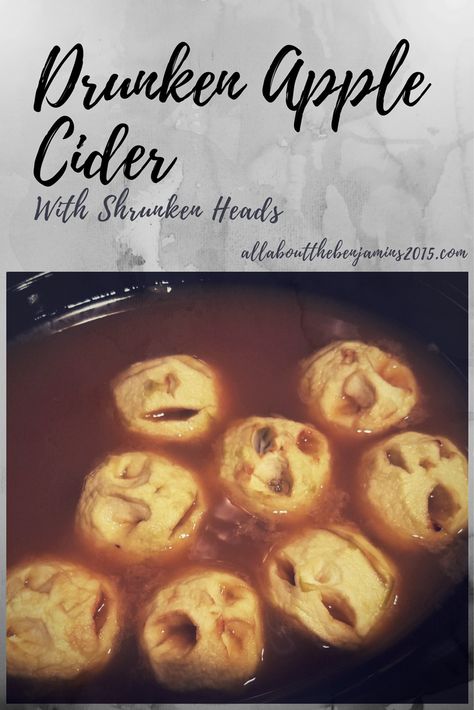 Halloween Cider Punch, Shrunken Head Apples, Apple Cider Shrunken Heads, Halloween Apple Cider, Apple Skulls In Cider, Apple Shrunken Heads, Shrunken Head Cider, Halloween Cocktails Punch, Shrunken Head Apple Cider