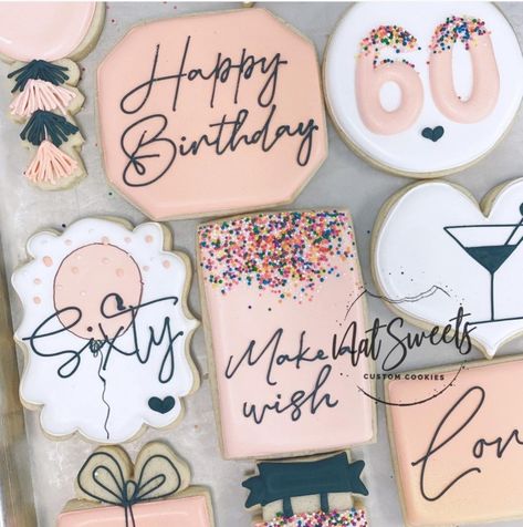 Cake Ideas 60th Birthday, Decorated Birthday Cookies, 60th Birthday Ideas For Mom Party, Flood Cookies, Bday Cookies, 60th Birthday Ideas For Mom, Specialty Cookies, Birthday Biscuits, 90 Birthday