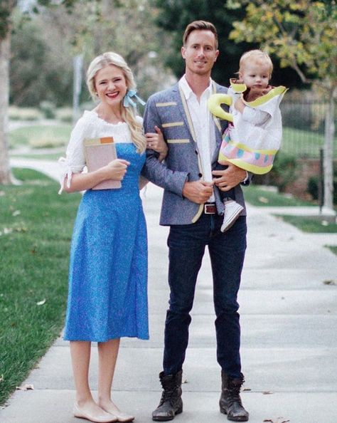 Belle, Prince Adam, and Chip Cars Family Halloween Costumes, 3 Family Halloween Costumes, Diy Family Halloween Costumes, Family Costumes For 3, Chip Costume, Disney Family Costumes, Halloween Costumes For 3, Couple Costumes