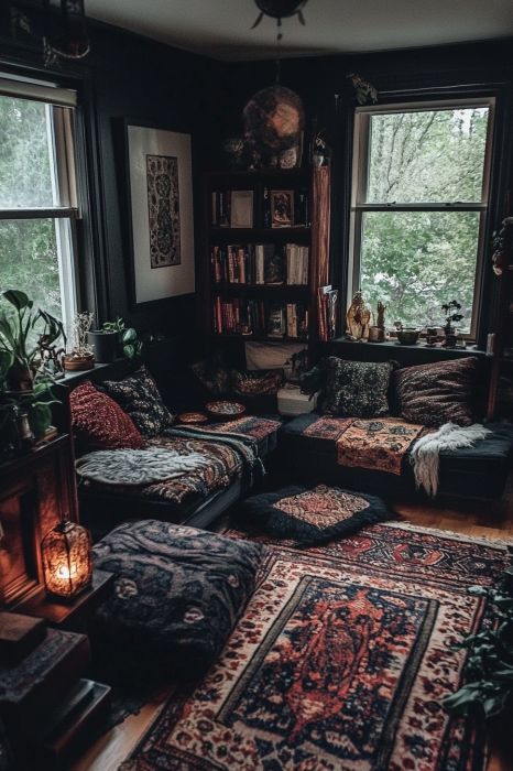 Embrace the dark boho trend with witchy room decor that features mystical crystals, cozy textures, and deep earthy tones. This aesthetic is perfect for creating an enchanting and soulful space. #WitchyAesthetic #DarkBohoRoom #BohoChic #MagicalDecor Dark Earthy Witchy, Dark Boho House Aesthetic, Dark Earthy Witchy Living Room, Gothic Bohemian Aesthetic, Dark Witchy Living Room, Whimsical Goth Living Room, Interior Design Witchy, Mystical House Decor, Dark Witchy Home Aesthetic