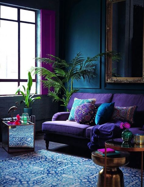 22 a decadent moody space with purple, teal, blue and fuchsia accents and a Moroccan feel - DigsDigs Purple Living Room, Craft Spaces, Blue Furniture, Trendy Living Rooms, Creative Craft, Cool Ideas, A Living Room, New Wall, Design Case