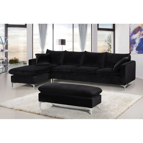 Mercer41 Boutwell 110" Reversible Sectional & Reviews | Wayfair Black Sofa Living Room, Black And Gold Living Room, Black Couch, Black Sectional, Black Living Room Decor, Black Couches, Gold Living Room, Black Living Room, Green Sofa