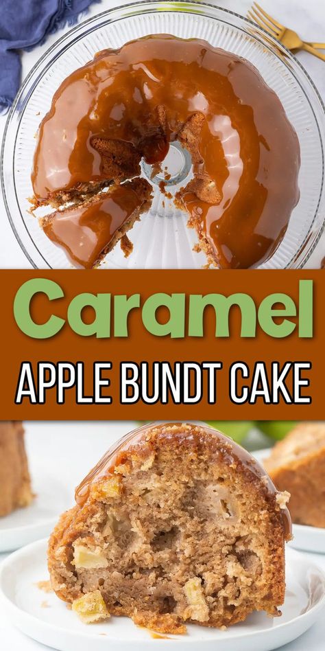 Apple cake with chunks of apples and cinnamon with caramel sauce with Pinterest overlay. Apple Bunt Cake, Caramel Apple Bundt Cake, Caramel Apple Upside Down Cake, Upside Down Bundt Cake, Caramel Apple Cake Recipe, Popular Desserts Recipes, Apple Bundt Cake, Fresh Apple Cake, Caramel Apple Cake