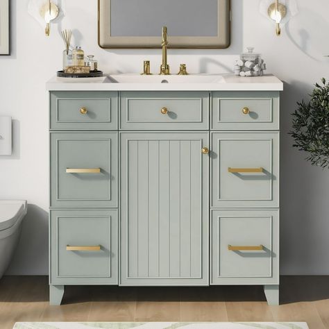 36" Bathroom Vanity with Sink, Modern Green Bathroom Vanity with 3 Drawers & Cabinet, Bathroom Modern Green Bathroom, Wood Bathroom Cabinet, Green Bathroom Vanity, Wood Bathroom Cabinets, Bathroom Floor Storage Cabinet, Powder Room Sink, Green Vanity, Bathroom Floor Storage, Teal Bathroom