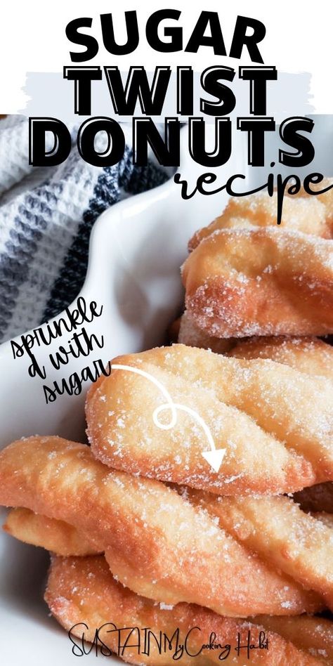 Sprinkled with sweet sugar, this classic homestyle twist donut dessert recipe will quickly become a family favorite. #sustainmycookinghabit Twist Donut, Baked Doughnut, Baking Ideas Recipes, Croation Recipes, Baked Doughnut Recipes, Jelly Donuts, Sugar Twist, Sweet Tooth Recipes, Doughnut Recipes