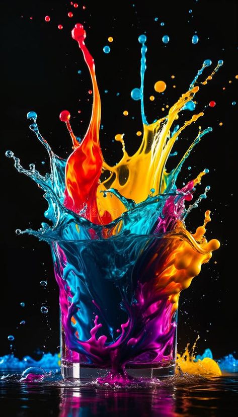 Colored splashes and drops of liquid paint fall into a vase or a glass and, reflecting, fly in the air on a black royalty free stock photo Fly Air, Black Royalty, Black Photo, Liquid Paint, Vector Banner, Abstract Color, Black Backgrounds, A Black, Glass Vase