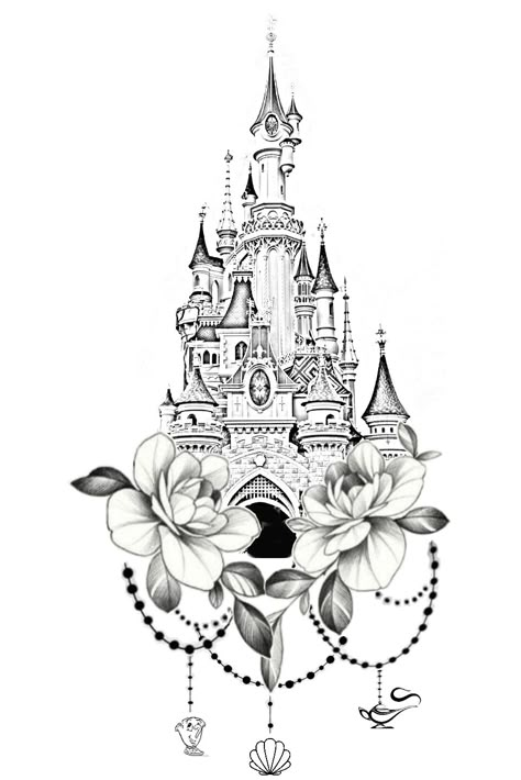 Mickey Mouse Castle Tattoo, Disney Castle Tattoo Design, Disney Back Tattoo, Disney Floral Tattoo, Disney Mandala Tattoo, Château Disney, Disney Thigh Tattoo, Disney Castle Tattoo, Winnie The Pooh Tattoos